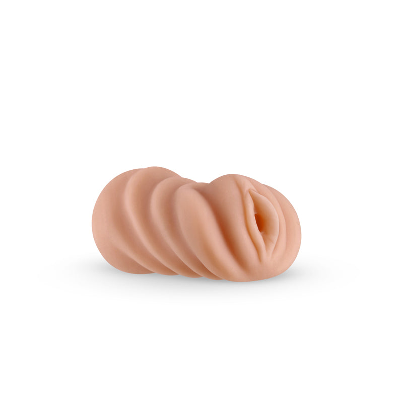 Tan realistic TPE male masturbator with ribbed texture.