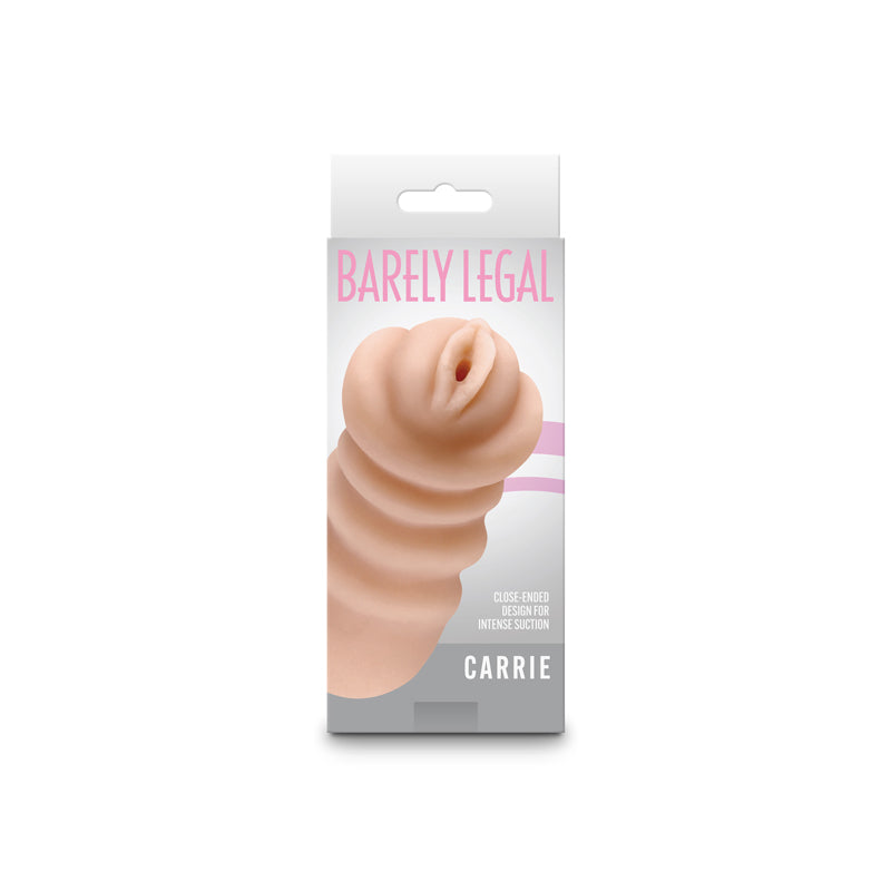 Tan Carrie stroker with ribbed texture and realistic opening on packaging.