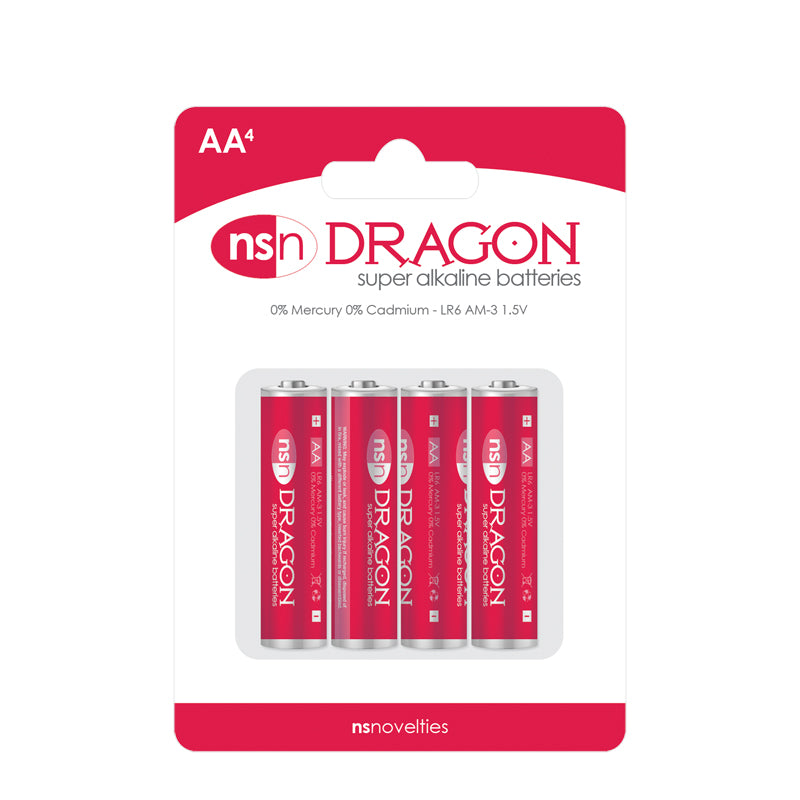 Four AA Dragon super alkaline batteries in a red and white package.