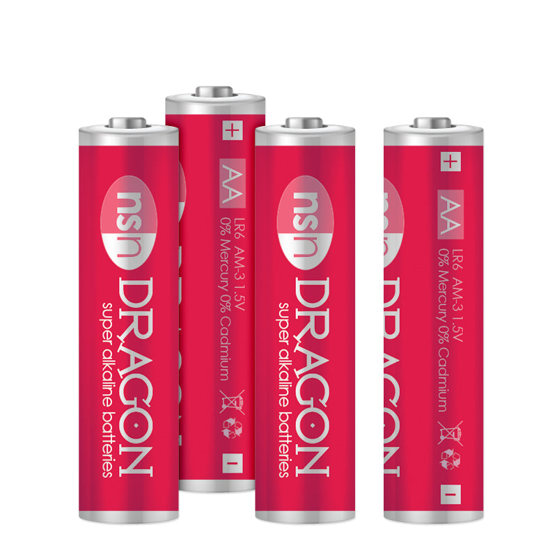 Four red AA Dragon brand alkaline batteries with white text.