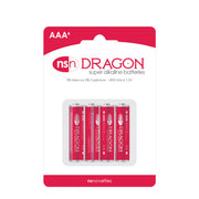 Four AAA Dragon brand alkaline batteries in a red and white package.
