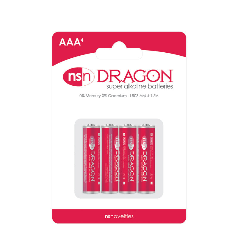 Four AAA Dragon brand alkaline batteries in a red and white package.