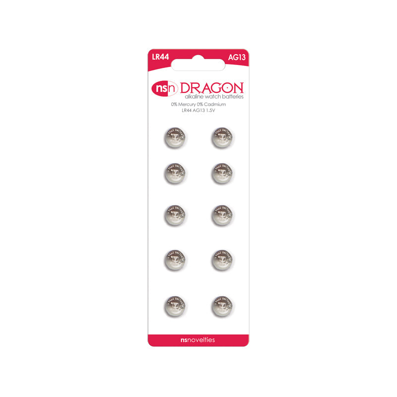 10-pack of Dragon LR44 AG13 alkaline watch batteries.