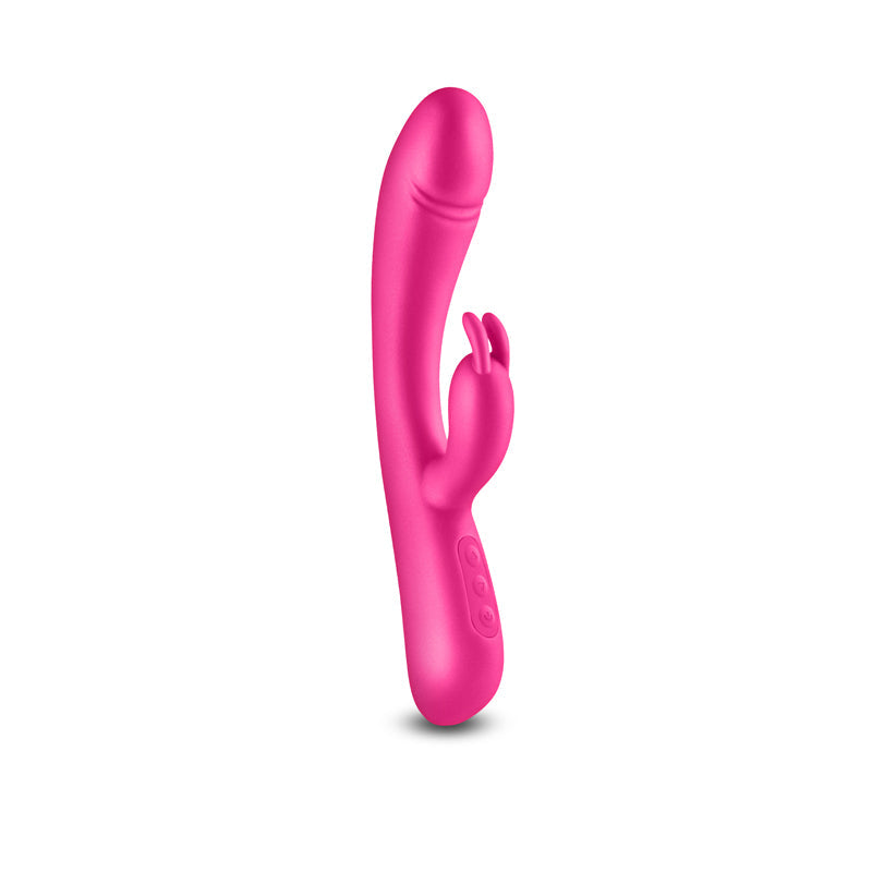 Pink rechargeable silicone rabbit vibrator with metallic finish.