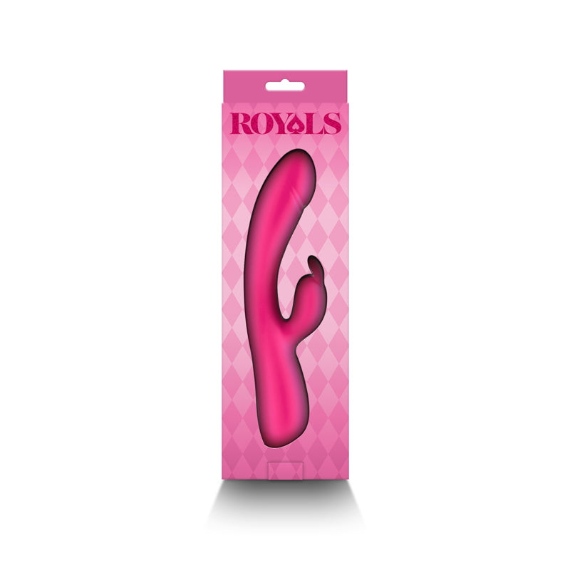 Pink vibrator in a diamond-patterned box with the word ROYALS.