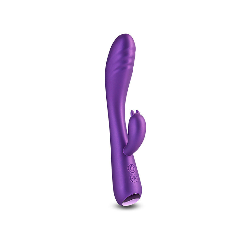 A metallic purple silicone vibrator with a curved shape and two small protrusions.