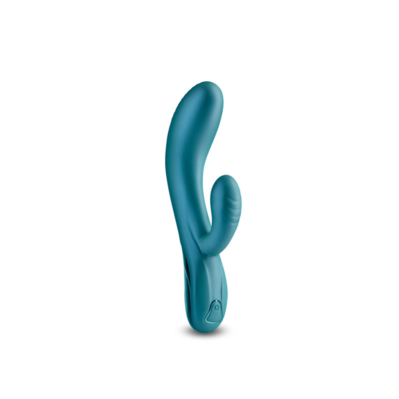 A metallic green silicone vibrator with a curved shape and a button at the base.