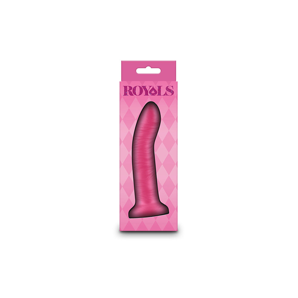 A metallic pink 5-inch silicone suction cup dildo in Royals packaging.