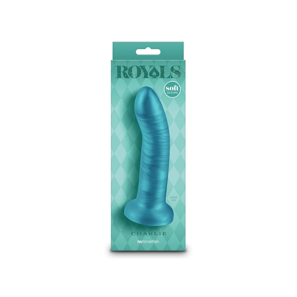Charlie 6-inch silicone dildo in metallic teal with suction cup base, in box.
