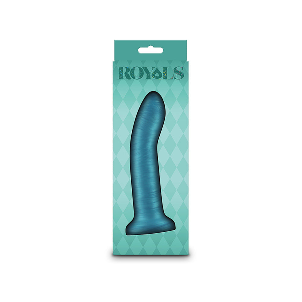 Charlie 6-inch silicone dildo in metallic teal with suction cup base, in box.