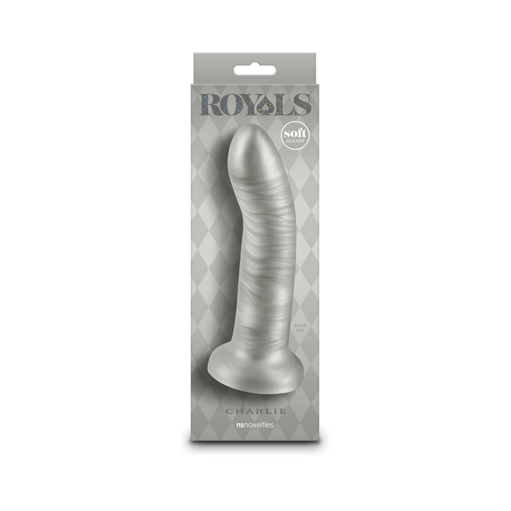 A 7-inch silicone suction cup dildo in metallic champagne color, shown in its Royals box.