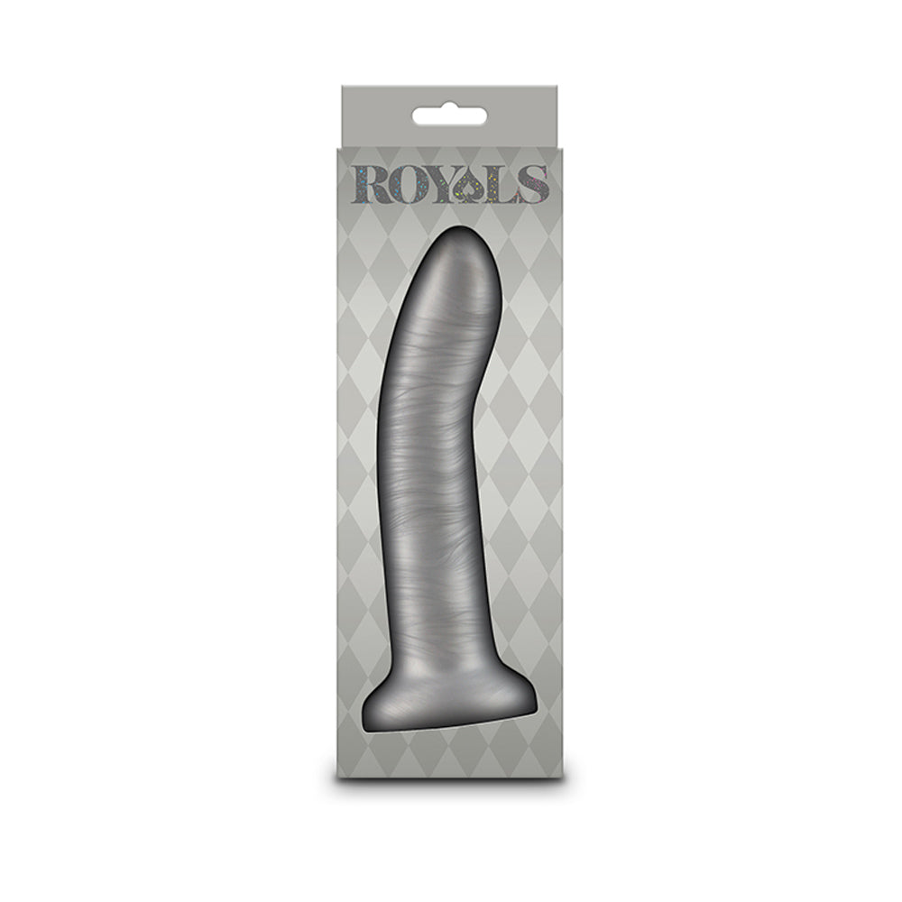 Gray silicone dildo with suction cup in Royals box, metallic champagne finish.