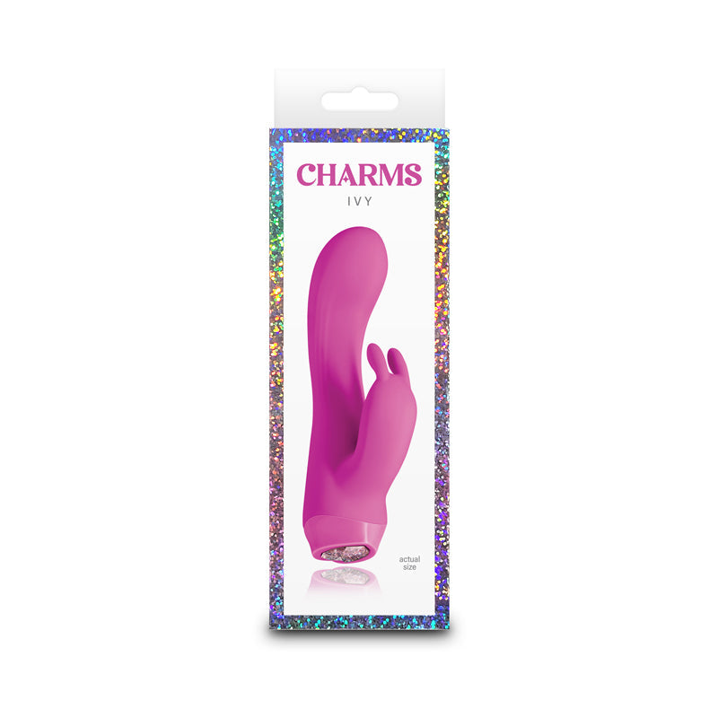 Magenta Ivy vibrator in packaging with "CHARMS IVY" text.