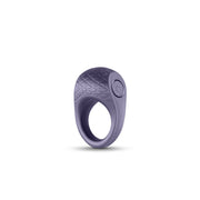Gray vibrating cock ring made of textured silicone with a power button.