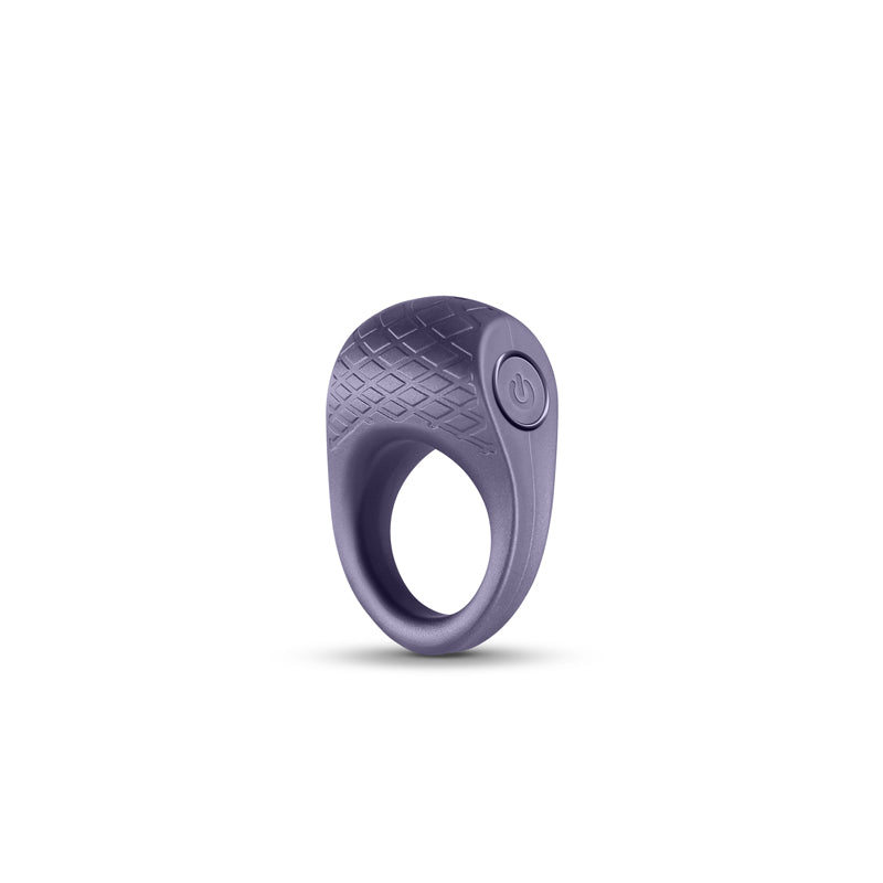 Gray vibrating cock ring made of textured silicone with a power button.