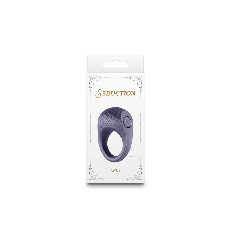 Levi vibrating cock ring in gray, made of silicone, with a textured surface and a power button.