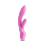 A light pink silicone vibrator with a curved shape.