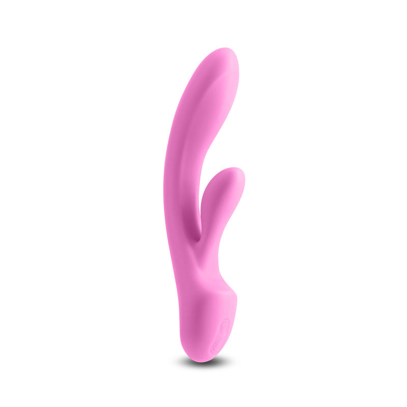 A light pink silicone vibrator with a curved shape.