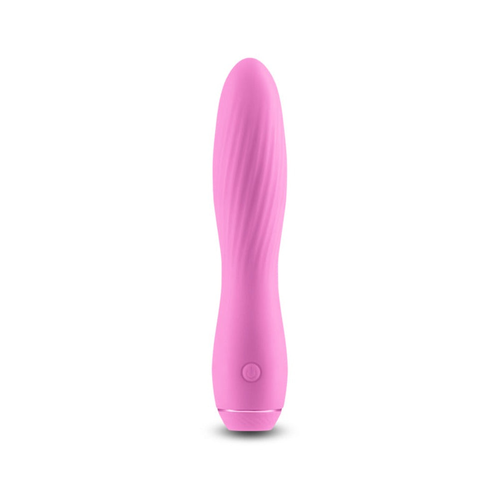 A light pink rechargeable silicone vibrator with a textured surface and a power button.