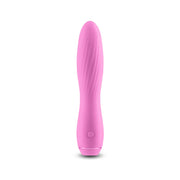 A light pink rechargeable silicone vibrator with a textured surface and a power button.