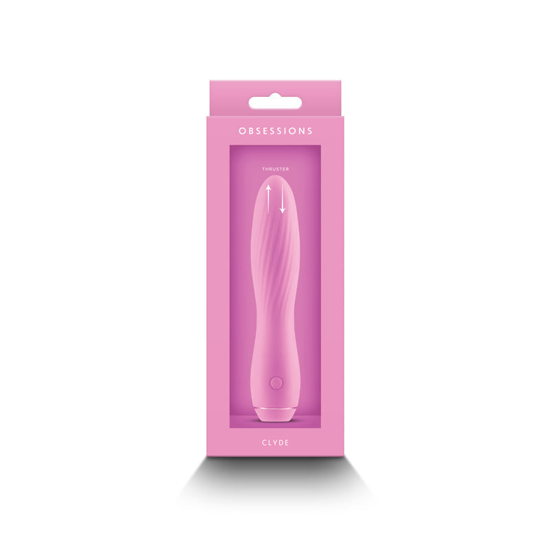 Pink Clyde Thruster vibrator in its packaging with "OBSESSIONS" and "CLYDE" text.