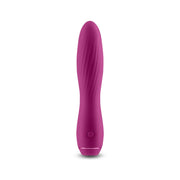 A dark pink rechargeable silicone vibrator with a ribbed texture and a power button.
