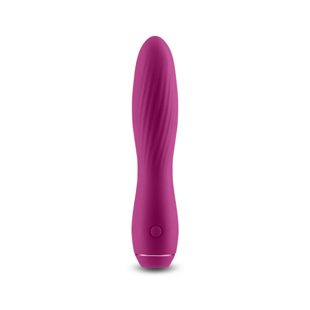 A dark pink rechargeable silicone vibrator with a ribbed texture and a power button.