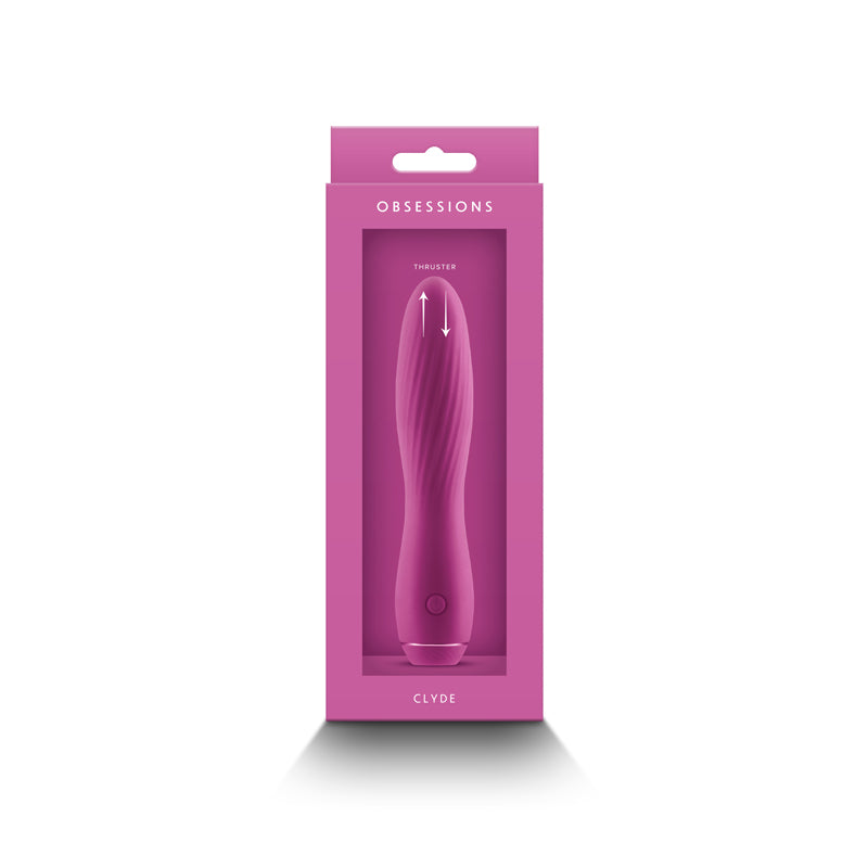Dark pink Clyde Thruster vibrator in its packaging.