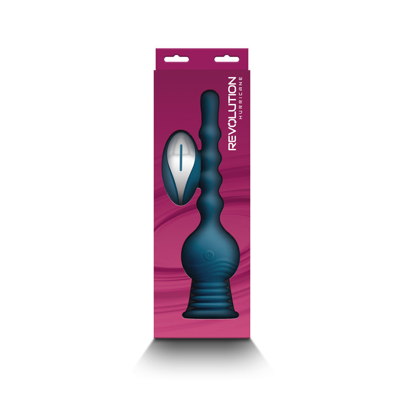 Blue rotating massager with remote control in packaging.