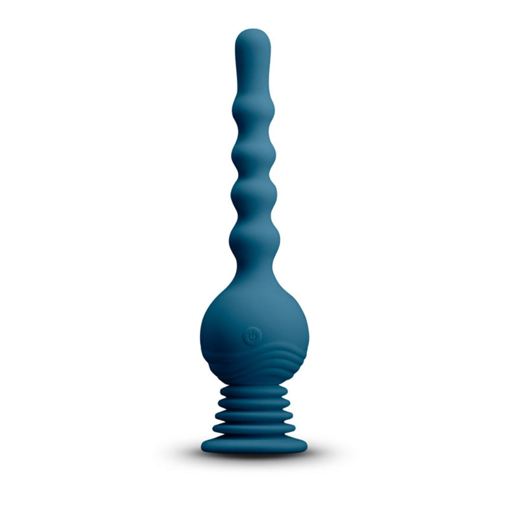 Blue ribbed massager with a bulbous base and a fluted bottom.