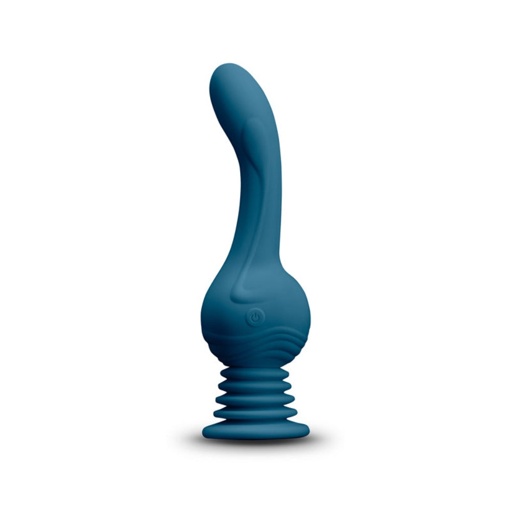 Teal rechargeable remote massager with a curved head and ribbed base.