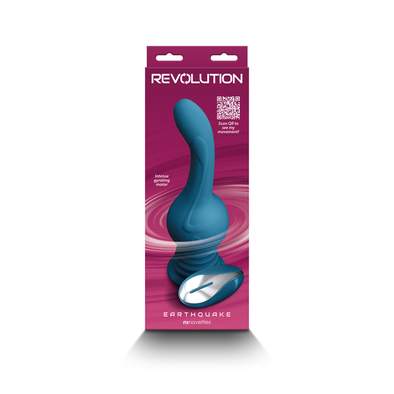Teal rechargeable remote massager with a rotating head.