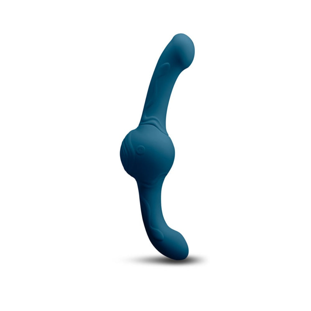 Teal rotating rechargeable massager with remote control.
