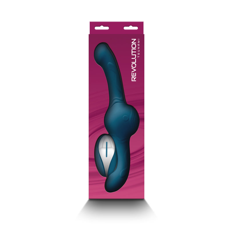 Teal Tsunami massager with a rotating head and remote control.