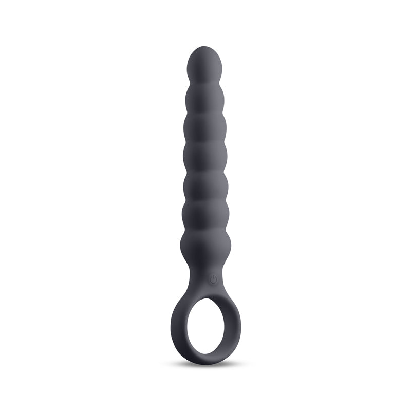 A gray vibrating wand with a ribbed texture and a finger ring.
