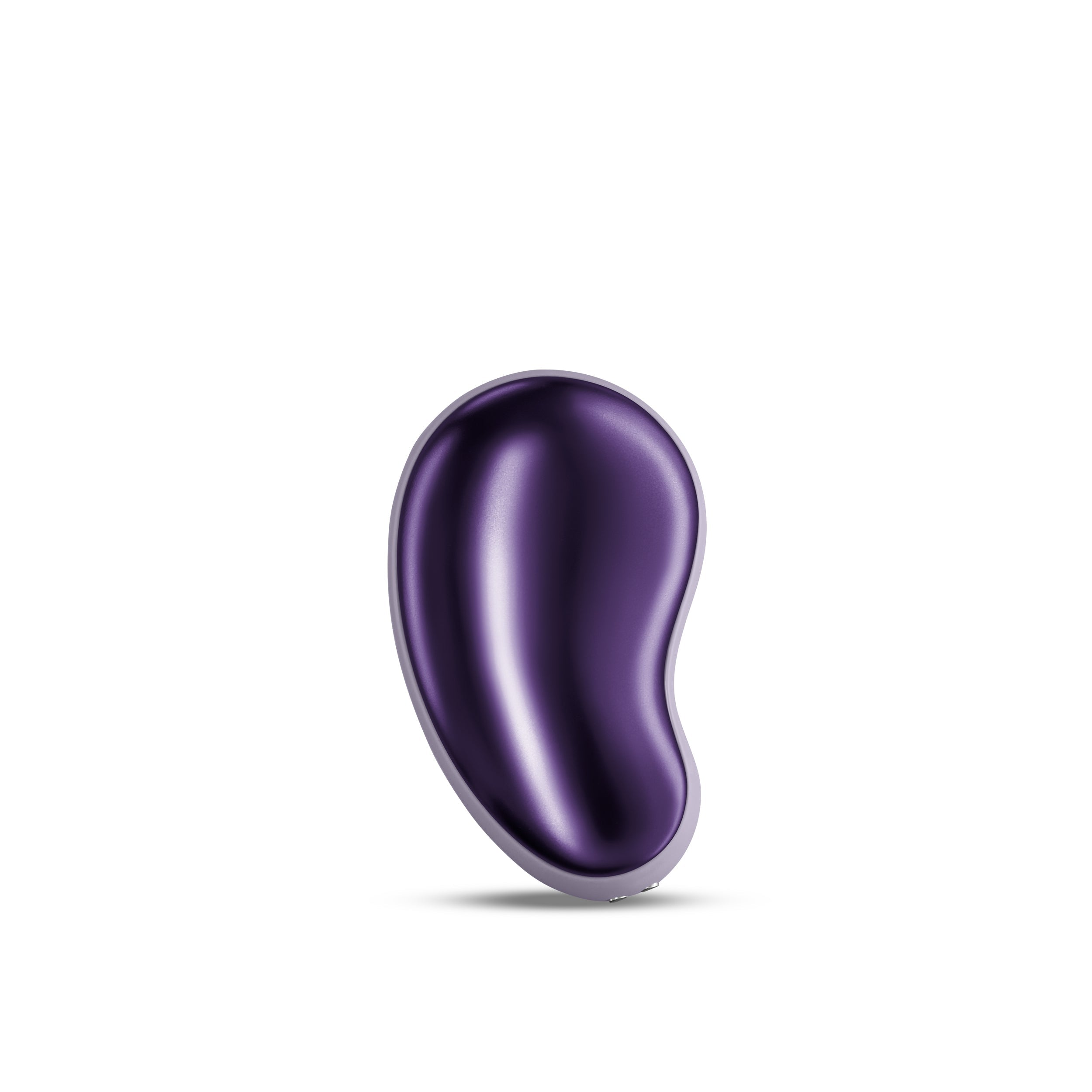 A purple, bean-shaped personal massager with a light gray rim.
