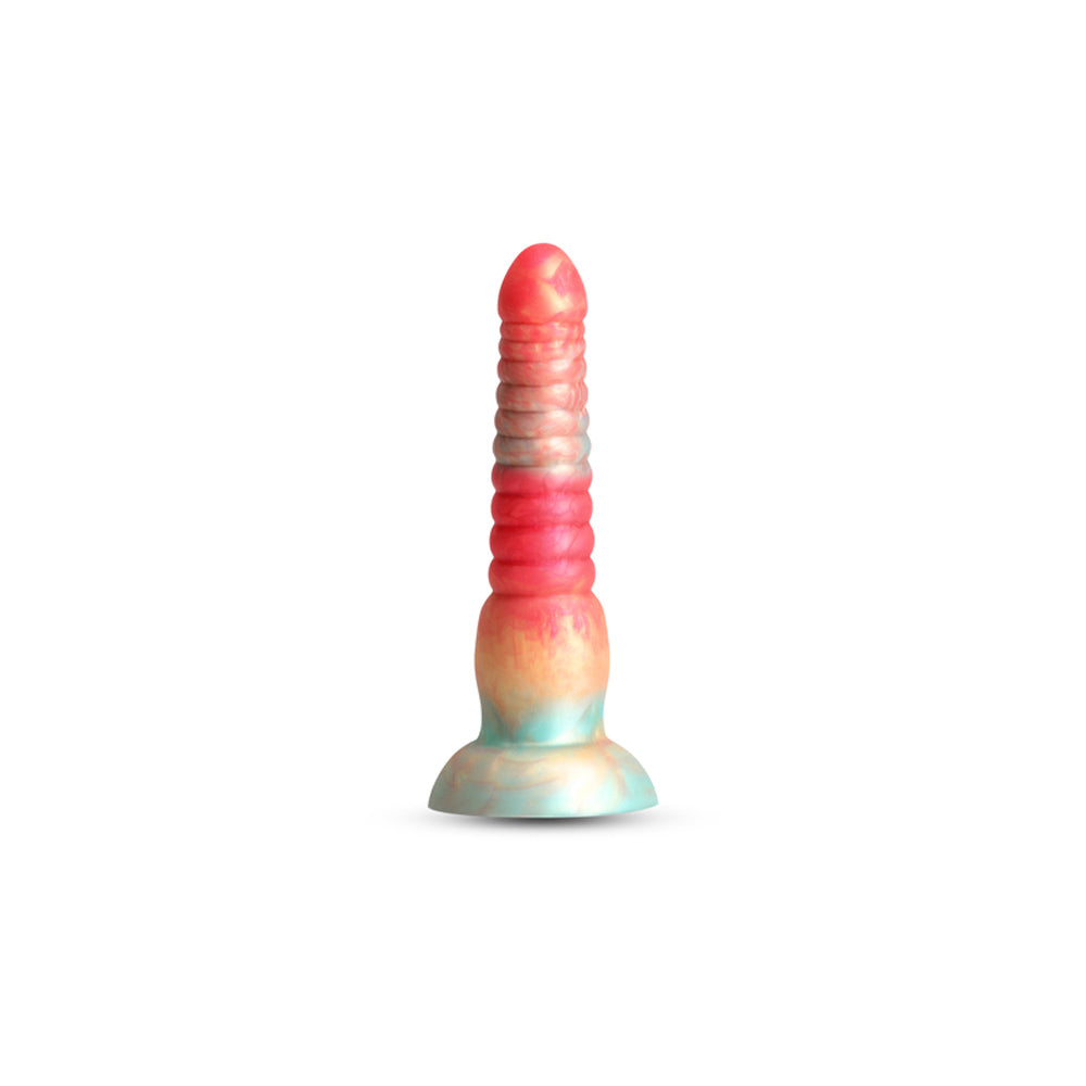 Red and gold stacked silicone dildo with a ribbed texture.