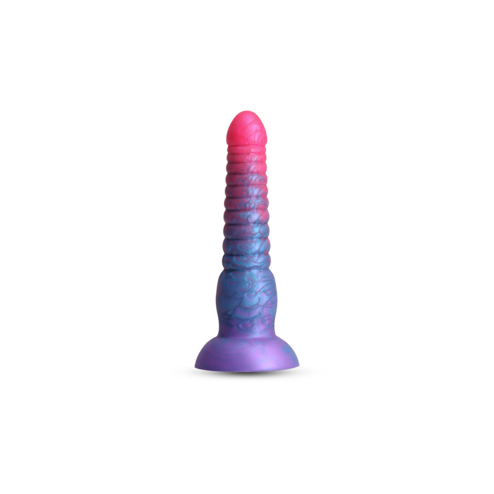 Pink and blue liquid silicone dildo with a textured shaft and flared base.