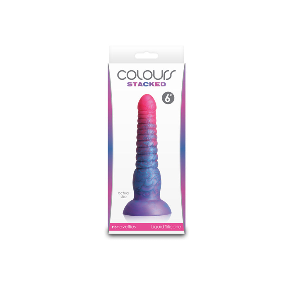 Pink and blue stacked liquid silicone dildo in packaging.