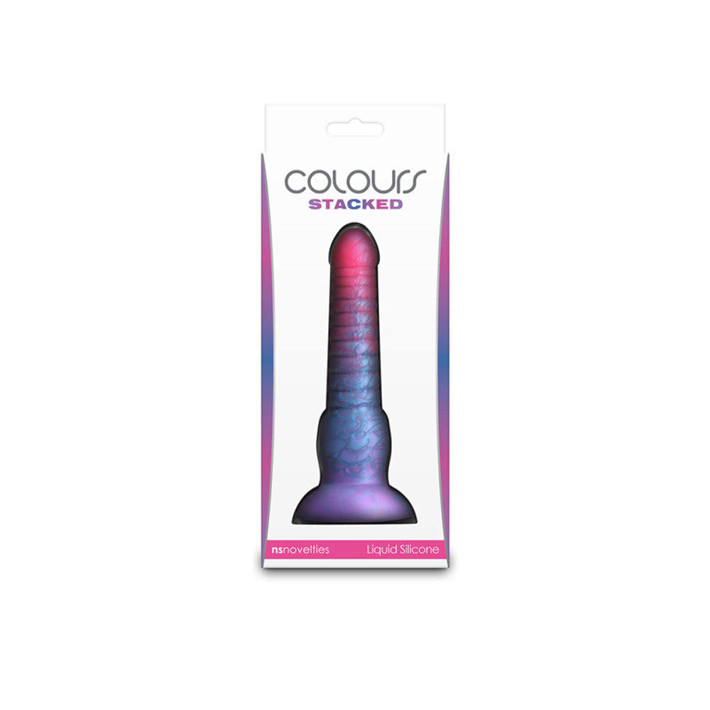 Pink and blue liquid silicone dildo in packaging.
