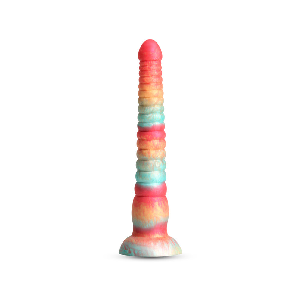 A 9-inch silicone dildo with stacked rings in red, orange, and blue.