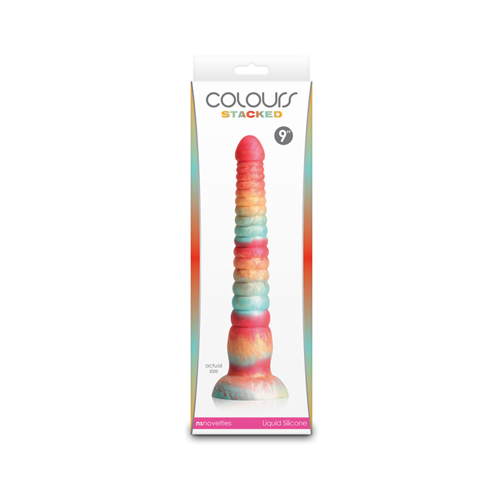 Stacked 9-inch silicone dildo in red and gold.