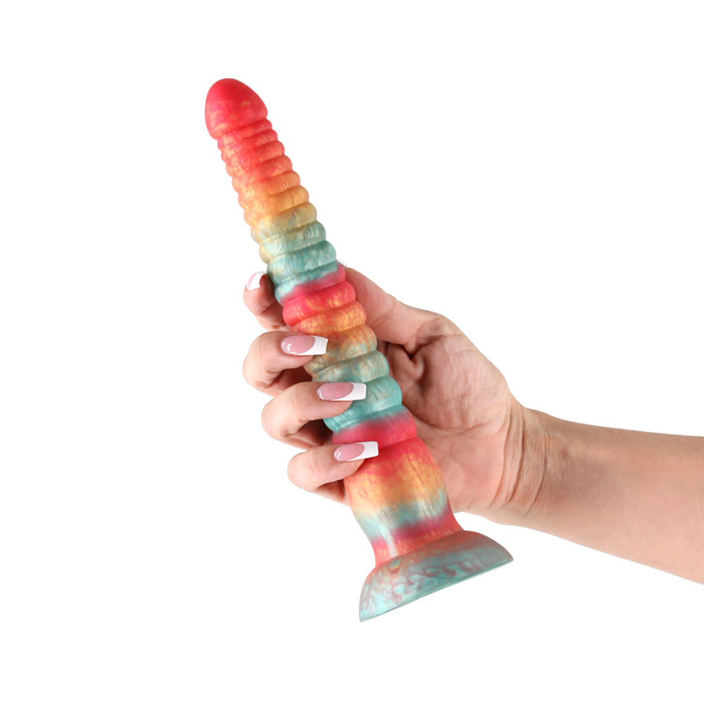 A 9-inch silicone dildo with stacked rings in red, orange, and blue.