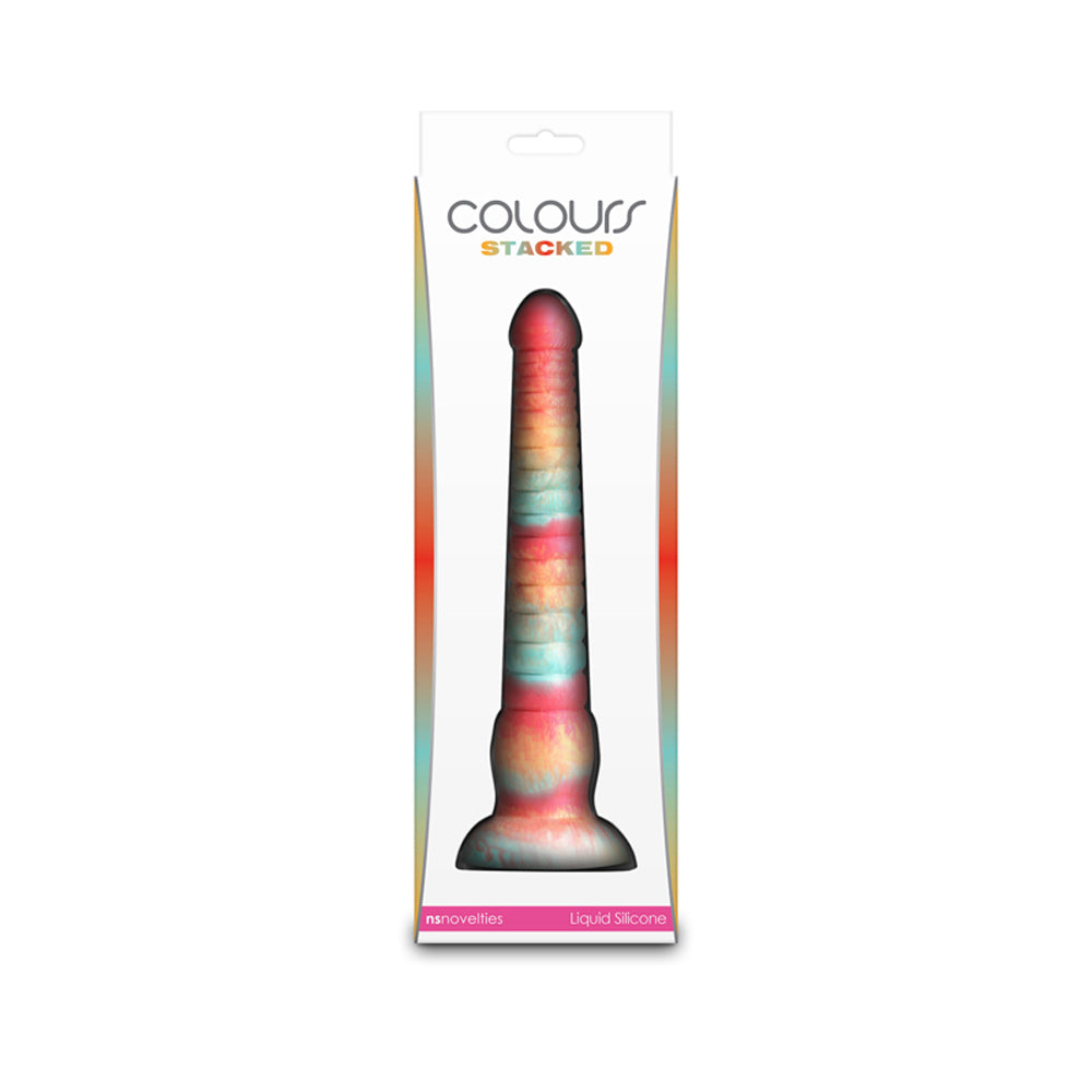 Stacked 9-inch silicone dildo in red and gold.