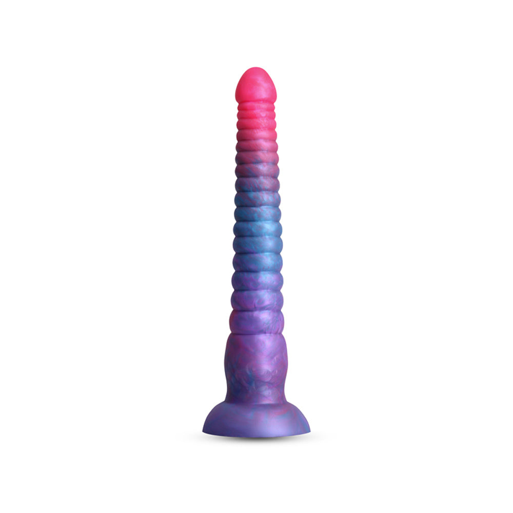 Pink and blue gradient silicone dildo with stacked rings and a flared base.