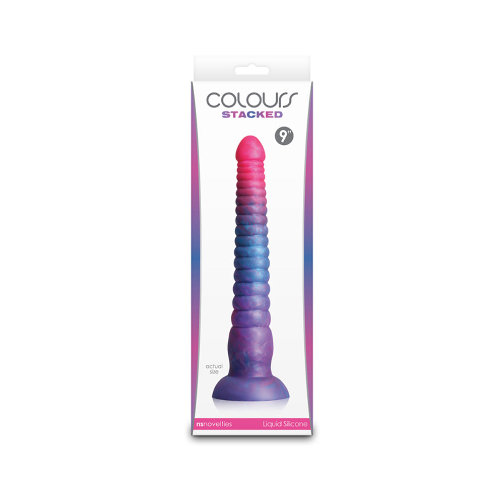 Pink and blue 9-inch silicone dildo in packaging.
