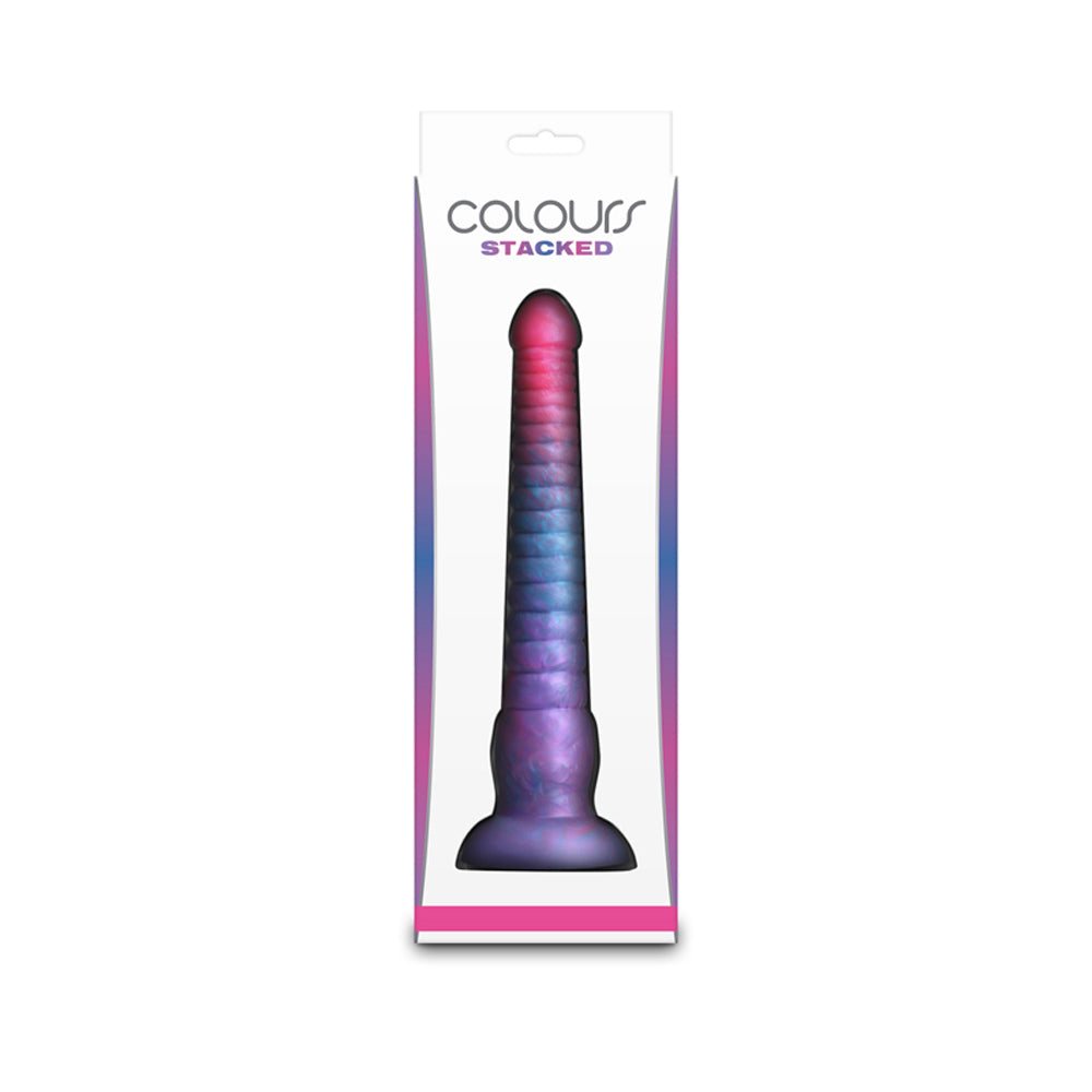Pink and blue silicone dildo in packaging.