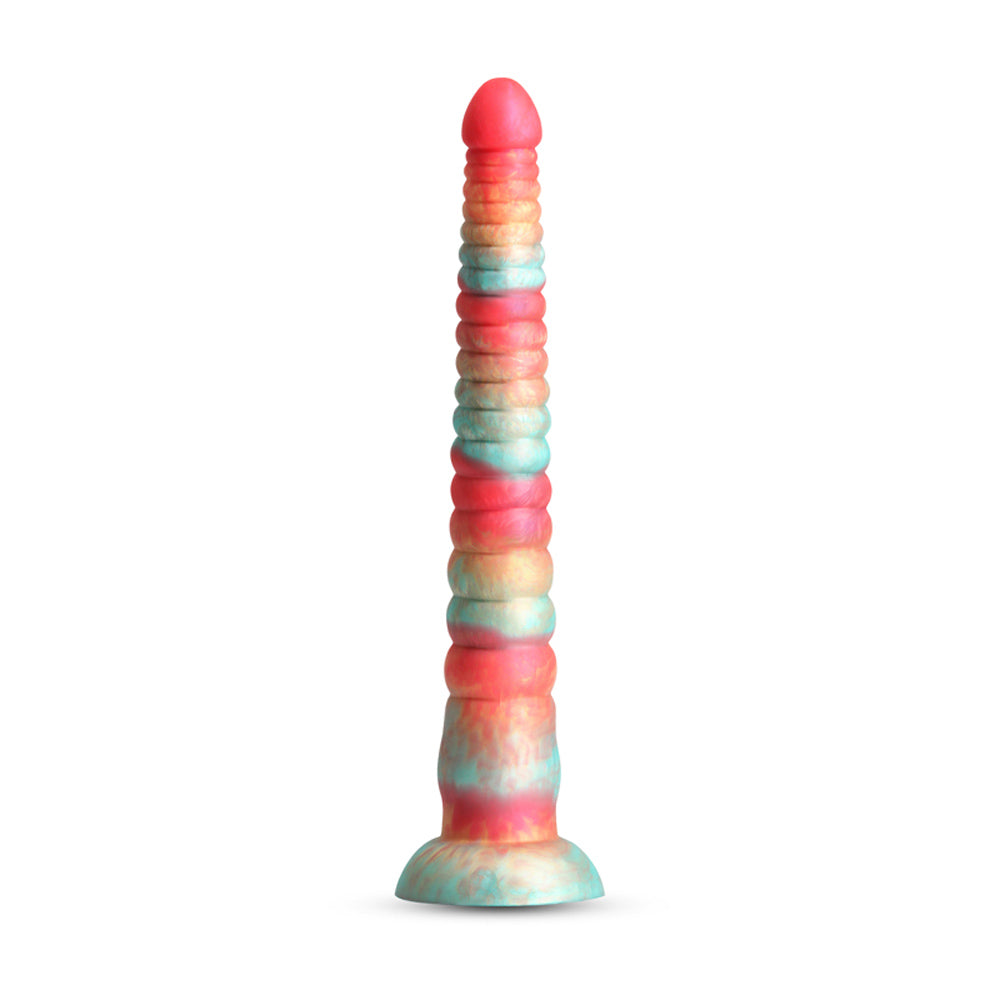 12-inch stacked silicone dildo in red and gold with a satin finish.