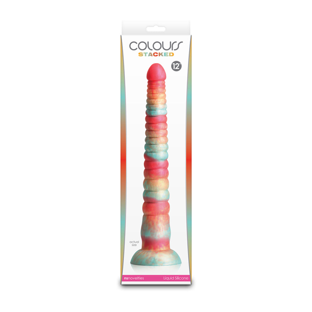 12-inch stacked silicone dildo in red and gold.