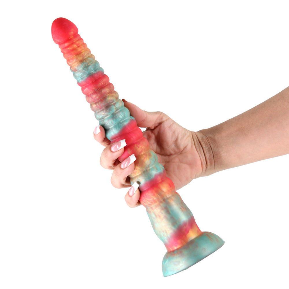A 12-inch stacked silicone dildo in red and gold.